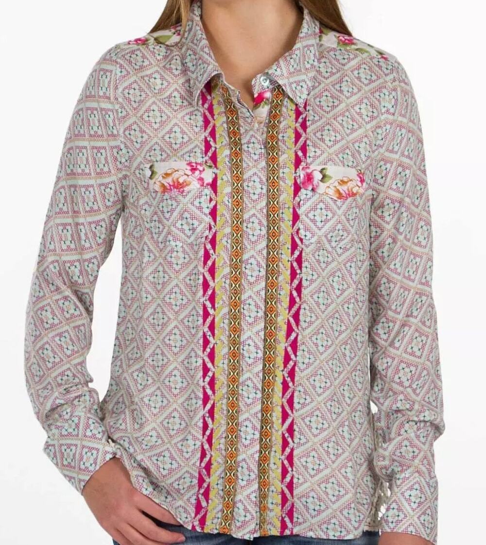 BKE Multicolor Geometric & Floral Button-Up Blouse